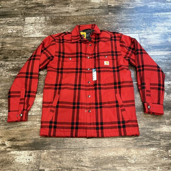 Carhartt Shirt‎ Jacket Mens Medium Red Black Plaid Relaxed Fit Sherpa Lined NWT - Picture 1 of 13